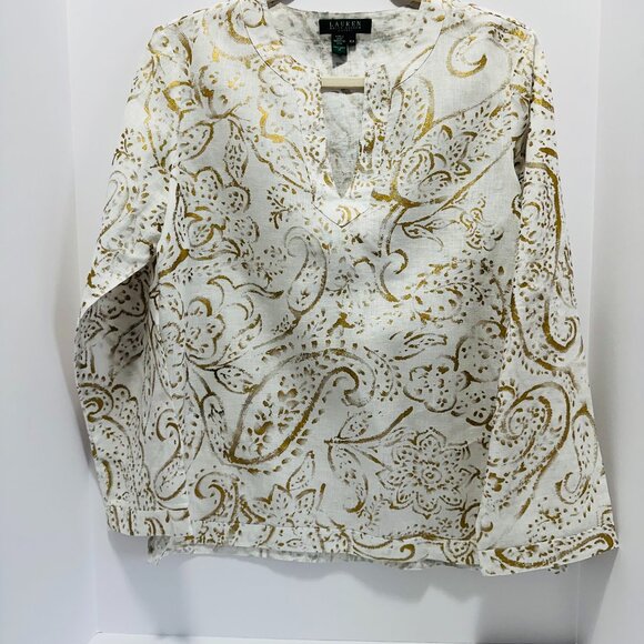 LAUREN RALPH LAUREN Women's Gold Printed 100% Linen Top; Size: PM Petite Medium - Picture 1 of 5